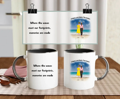 Black-handled personalised LGBTQ+ couple mug set with illustrated beach view, custom names, and love-filled quotes – a beautiful gift for anniversaries or just because