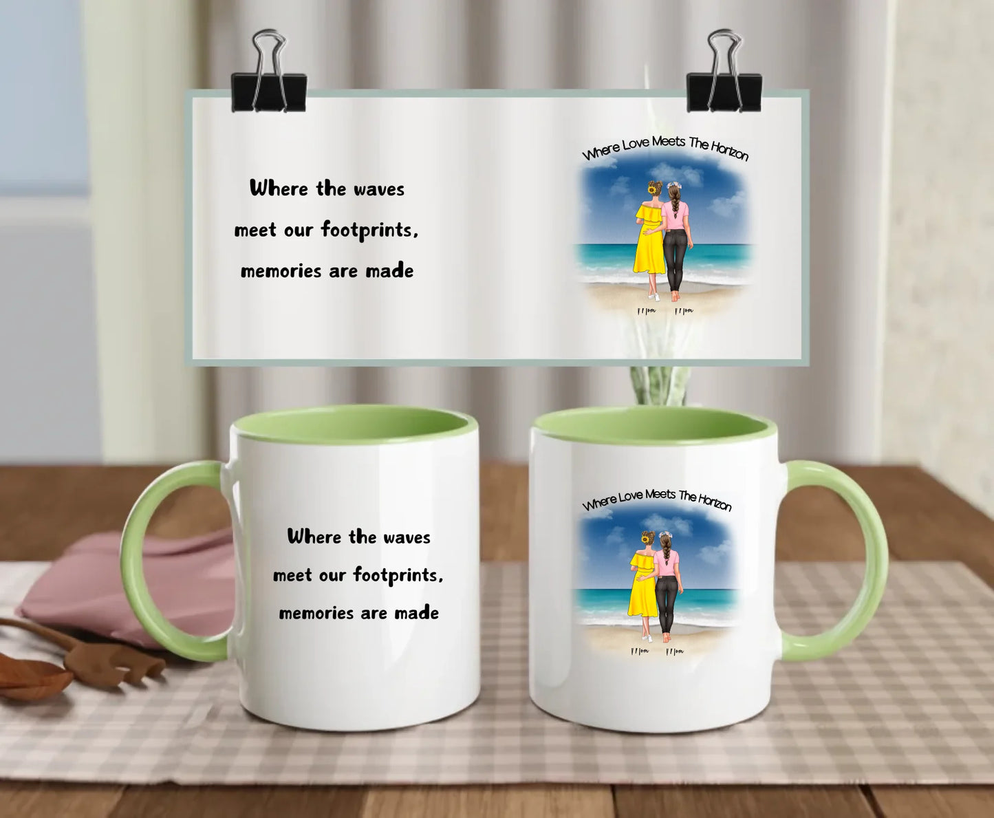 Personalised LGBTQ+ couple mug set with green handles and interior, featuring a romantic beach illustration of two women walking hand in hand, custom names, and quotes “Where Love Meets The Horizon” and “Where the waves meet our footprints, memories are made” – heartfelt gift for her & her