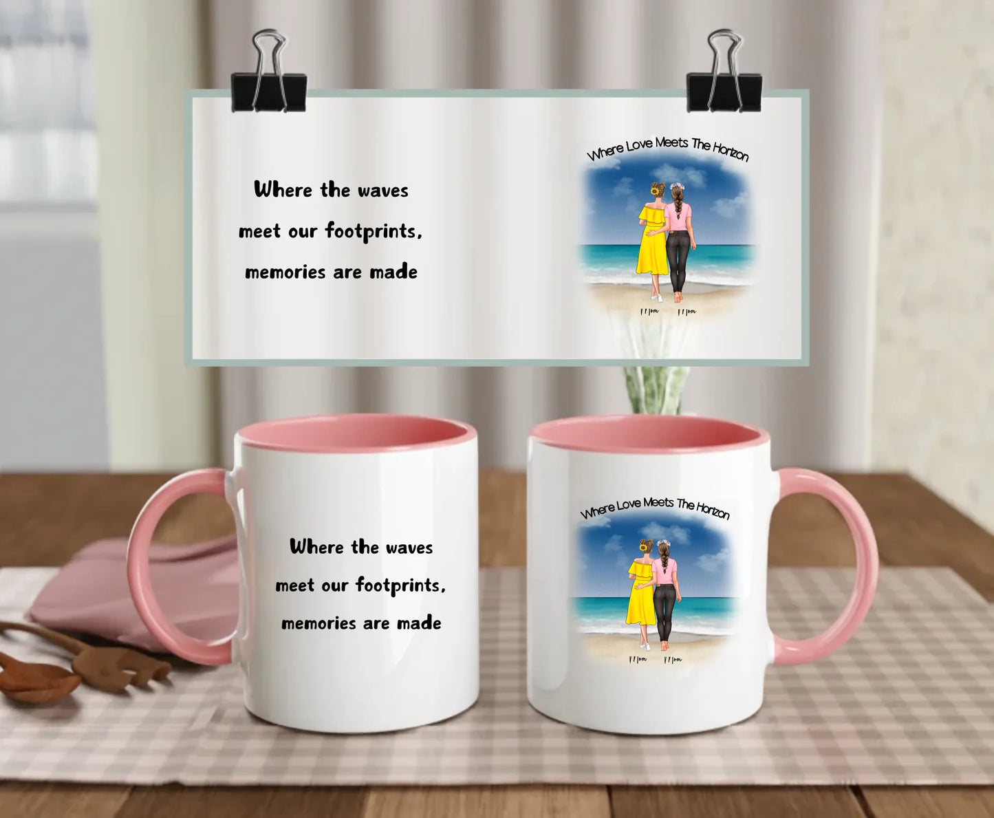 Pink-handled LGBTQ+ mug set with romantic beach scene of two women, custom names, and the quotes “Where Love Meets The Horizon” and “Where the waves meet our footprints, memories are made” – thoughtful couple gift for wives or girlfriends
