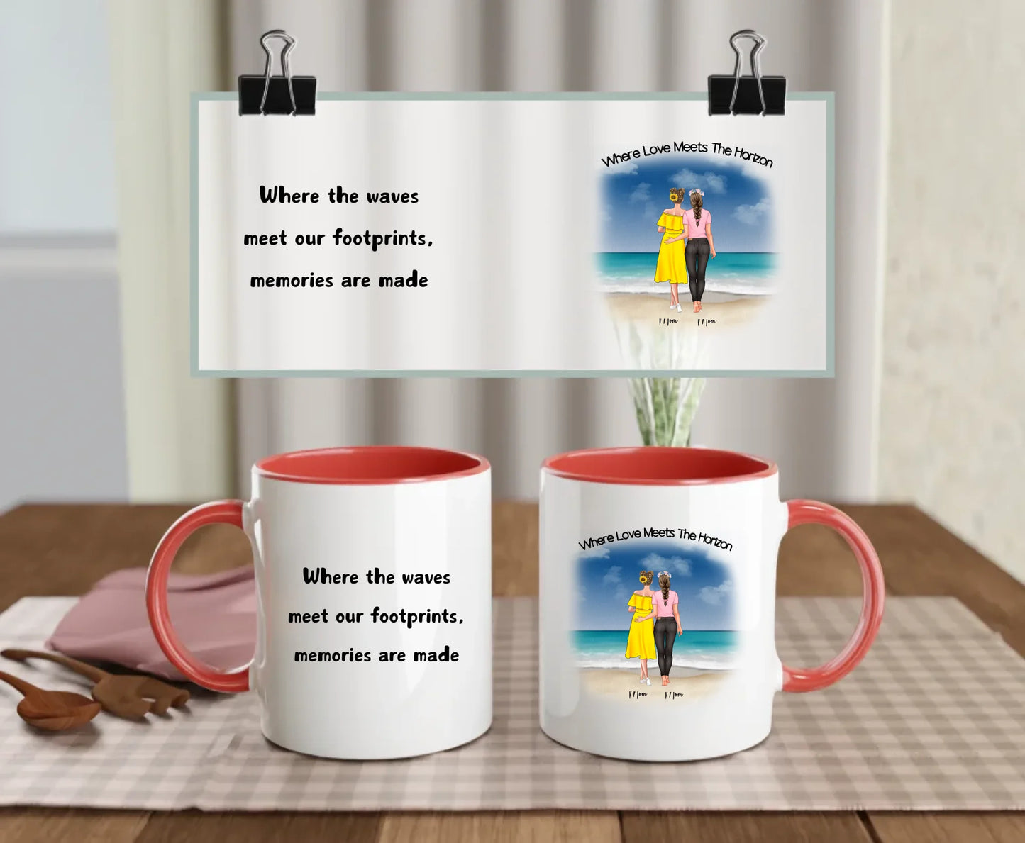 Red-handled LGBTQ+ romantic mug set with beach artwork of two women, custom names, and meaningful quotes about love and memories – ideal for her & her