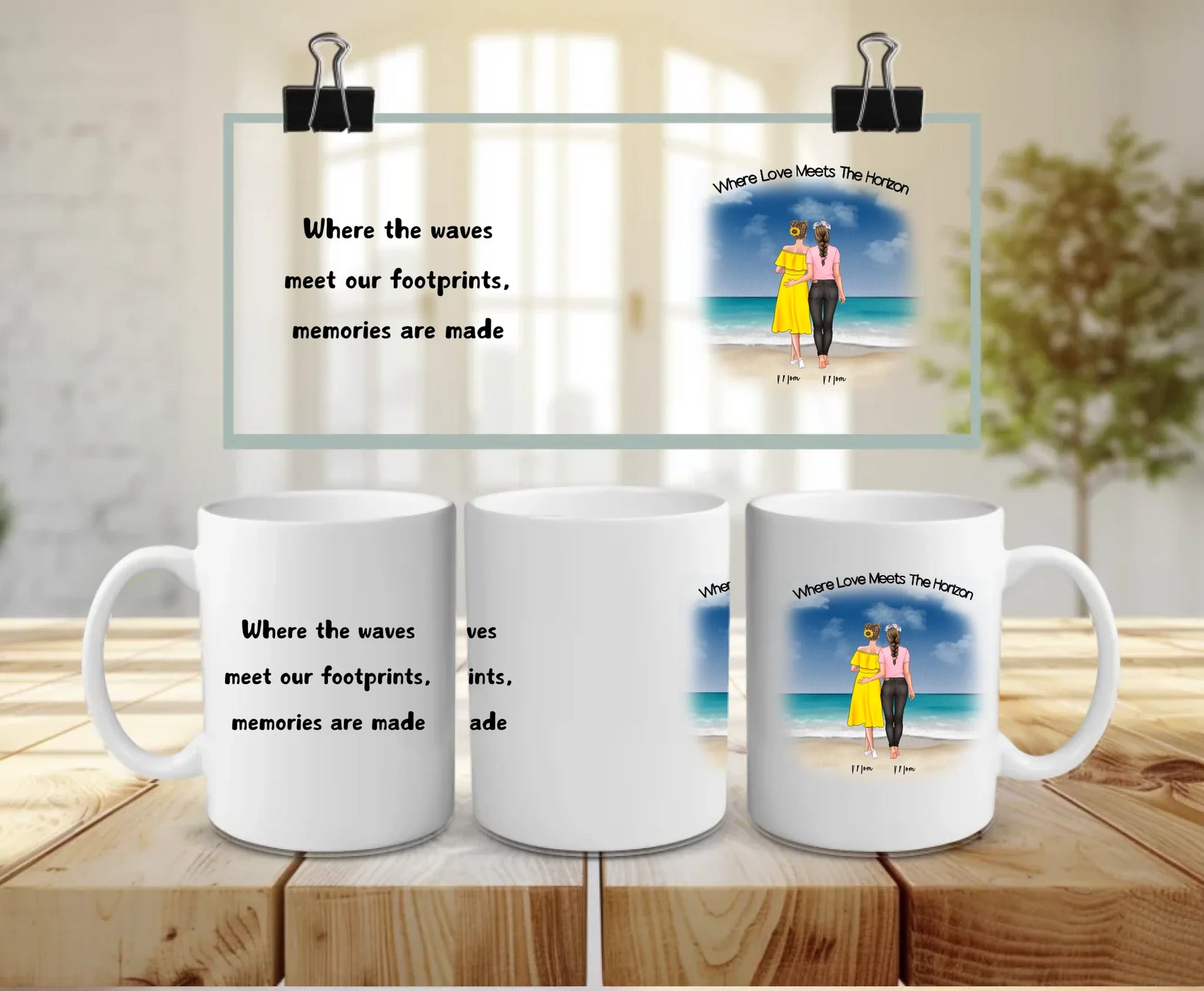 Personalised white ceramic LGBTQ+ couple mug set showing two women on a beach, custom names, and matching love quotes – “Where Love Meets The Horizon” and “Where the waves meet our footprints, memories are made” – perfect romantic gift