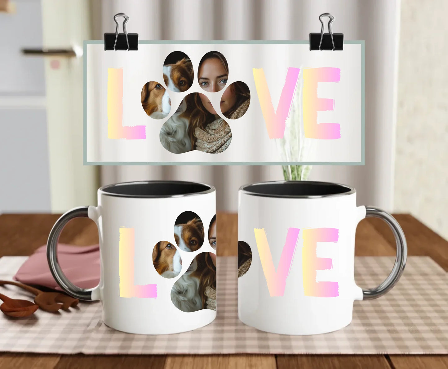 Personalised ceramic mug with black handle and interior, pastel LOVE text and custom photo inside paw print – featuring dog and woman – perfect gift for pet lovers