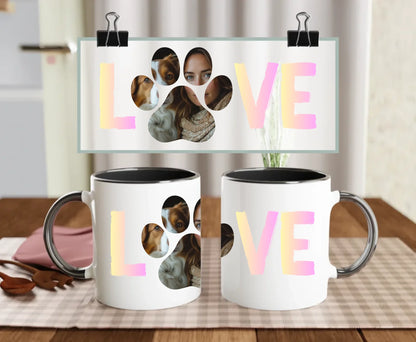 Personalised ceramic mug with black handle and interior, pastel LOVE text and custom photo inside paw print – featuring dog and woman – perfect gift for pet lovers
