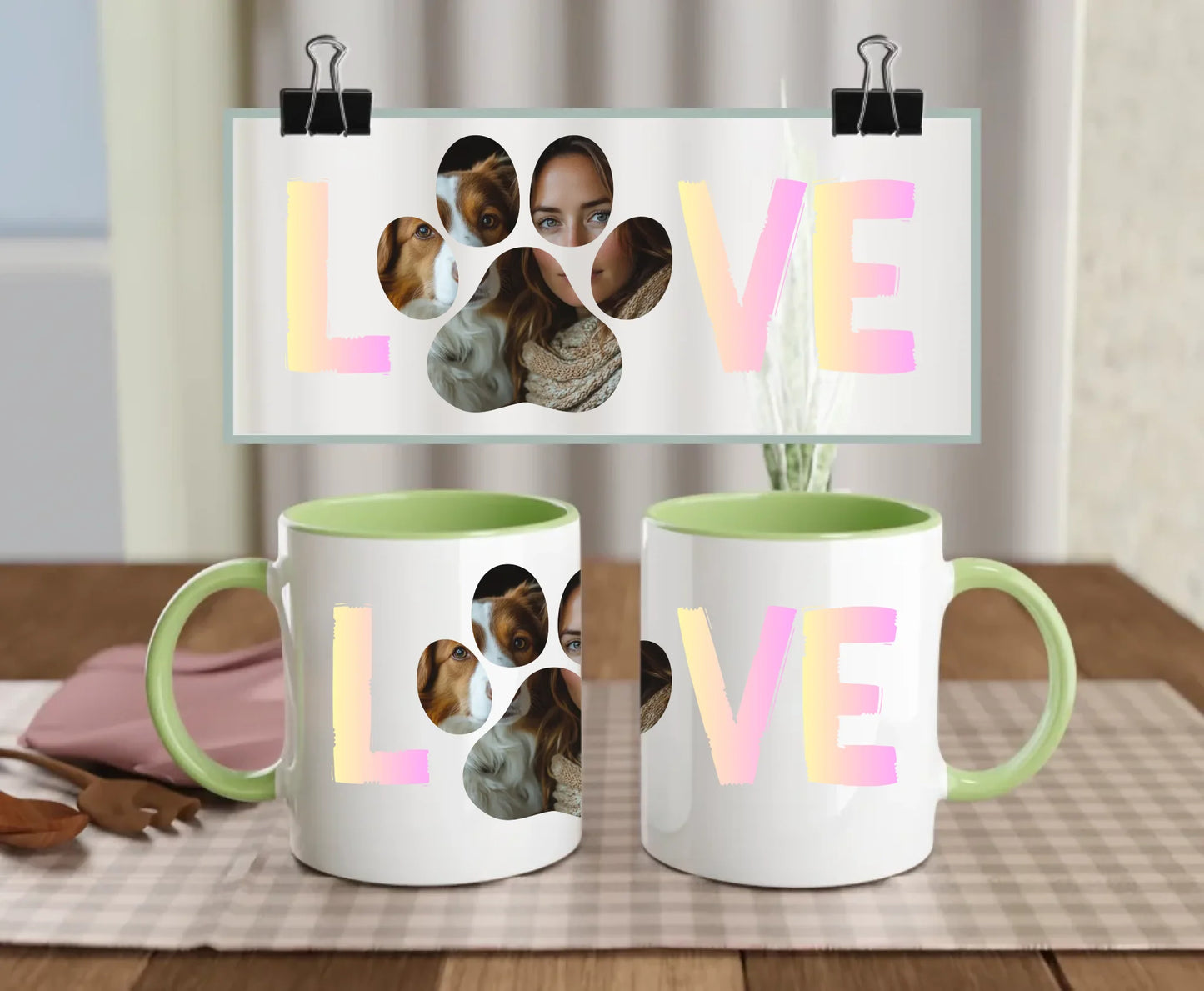 Personalised ceramic mug with green handle and interior, pastel LOVE text and custom photo inside paw print – featuring dog and woman – perfect gift for pet lovers