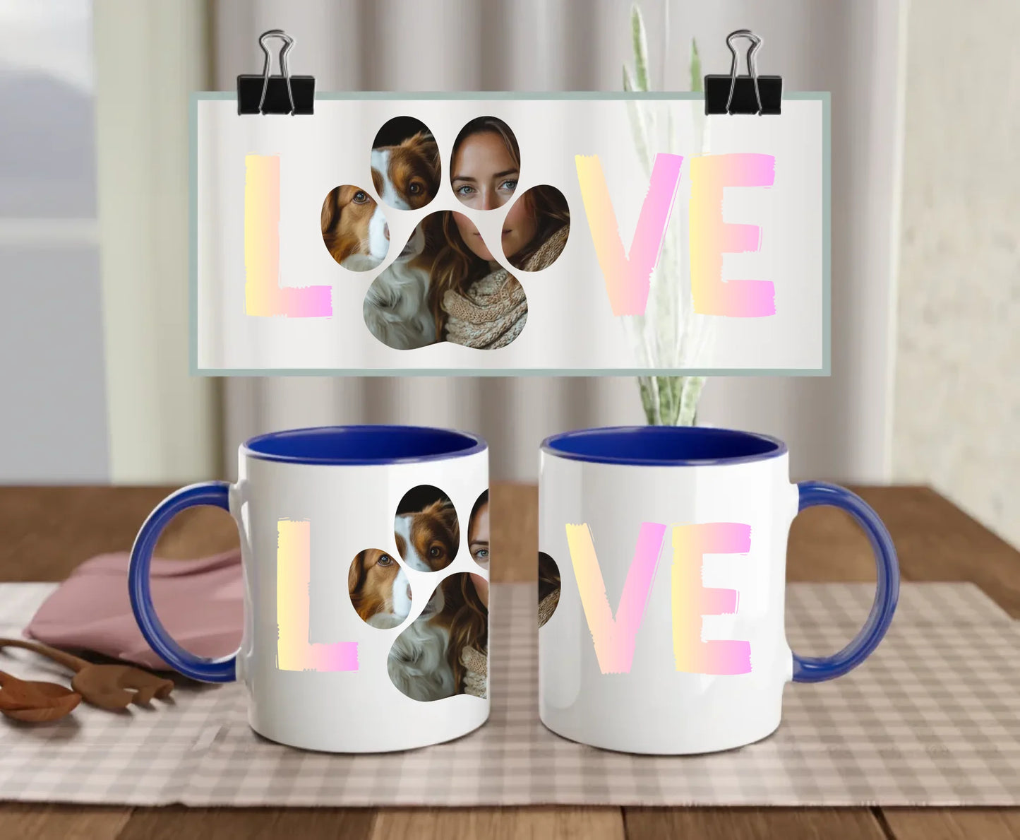 Personalised ceramic mug with navy handle and interior, pastel LOVE text and custom photo inside paw print – featuring dog and woman – perfect gift for pet lovers