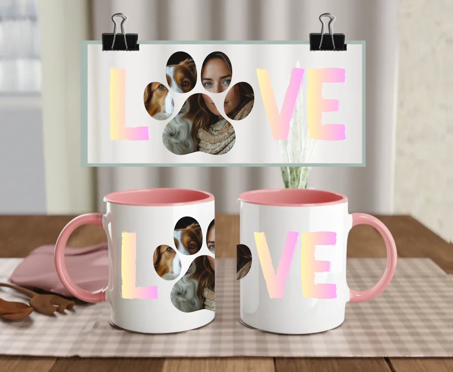 Personalised ceramic mug with pink handle and interior, pastel LOVE text and custom photo inside paw print – featuring dog and woman – perfect gift for pet lovers