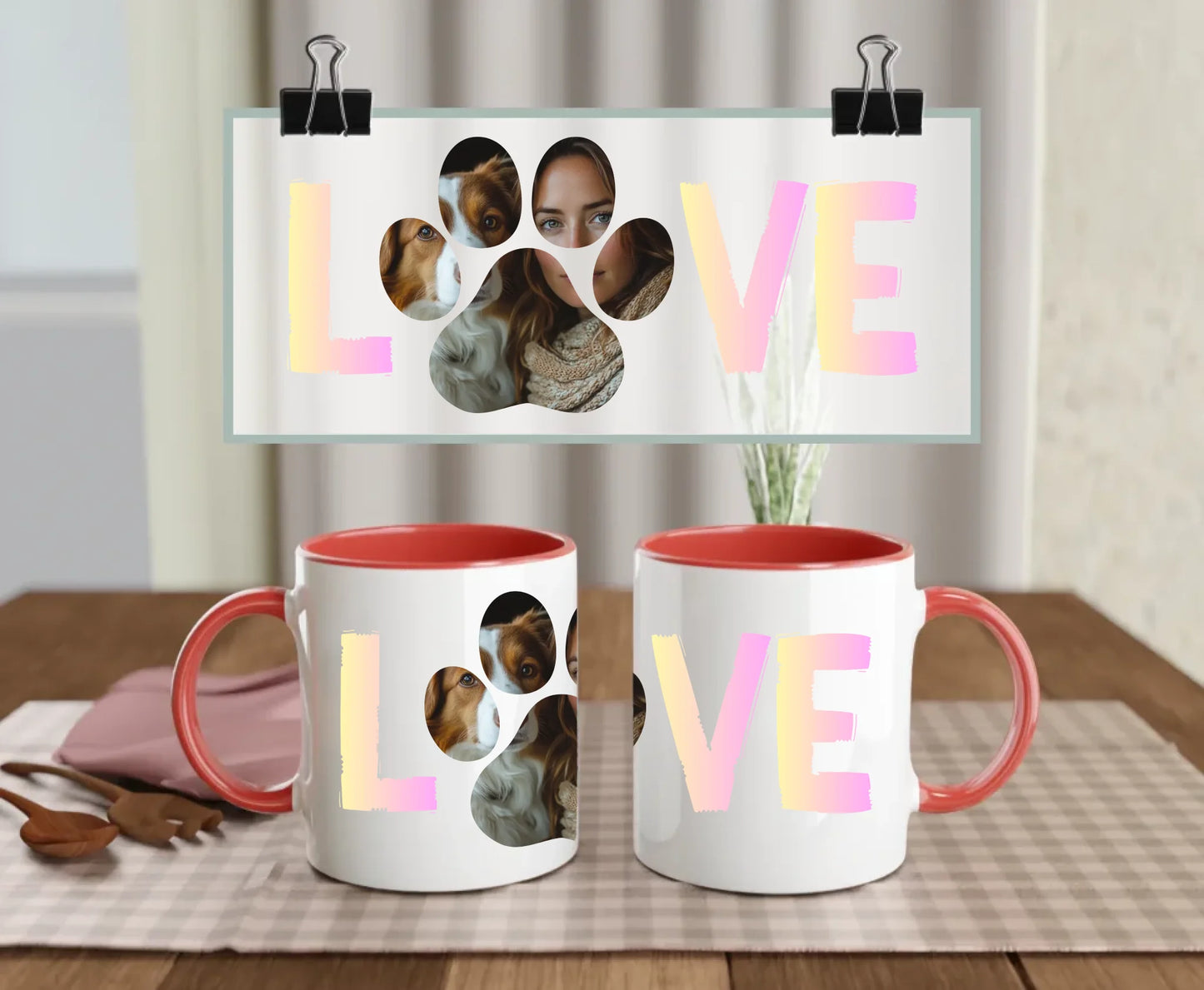 Personalised ceramic mug with red handle and interior, pastel LOVE text and custom photo inside paw print – featuring dog and woman – perfect gift for pet lovers
