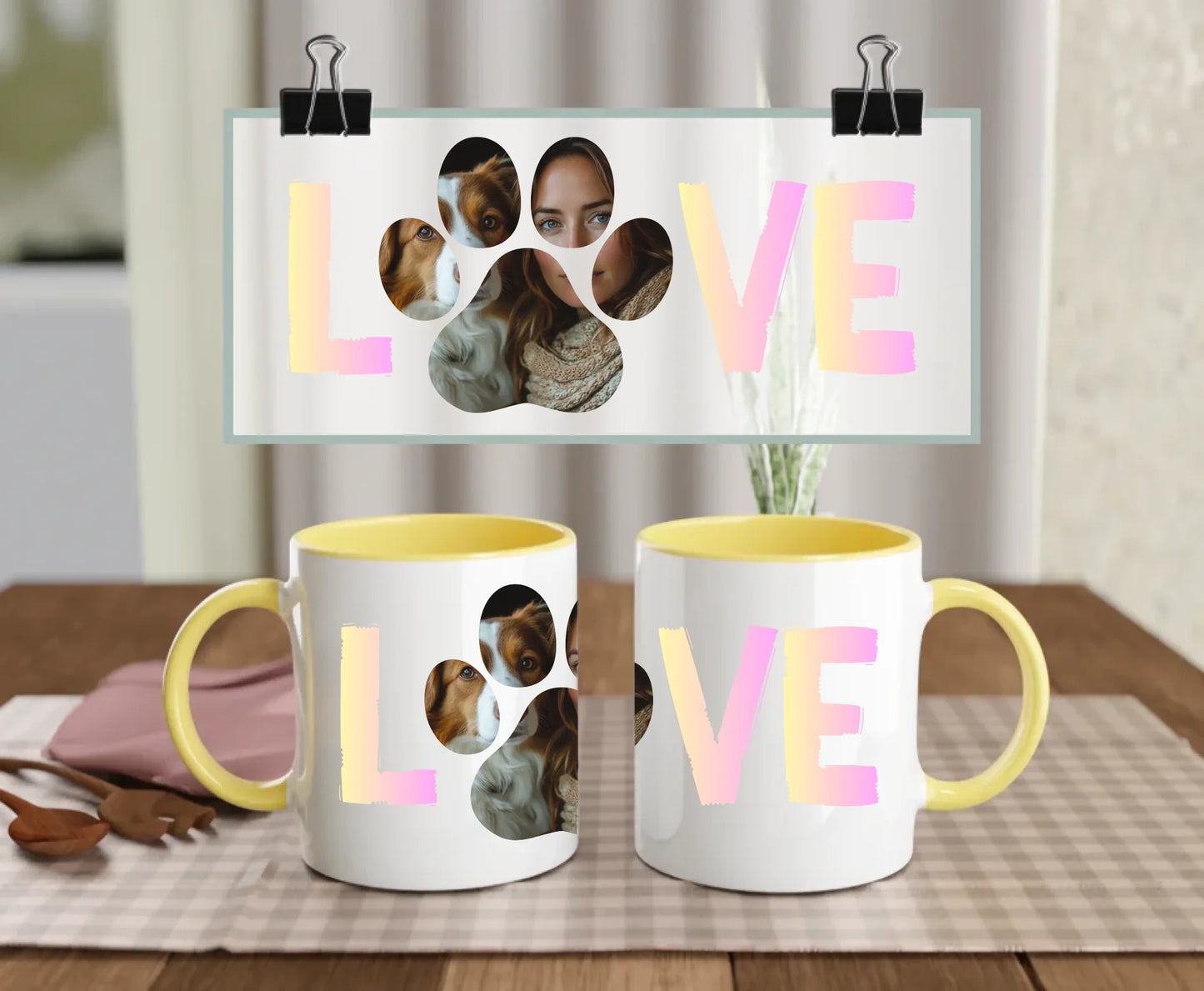 Personalised ceramic mug with yellow handle and interior, pastel LOVE text and custom photo inside paw print – featuring dog and woman – perfect gift for pet lovers