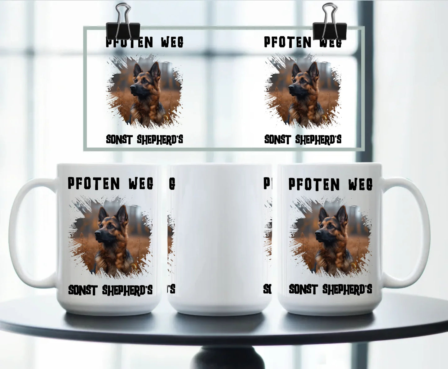 Large personalised white ceramic mug with photo of a German Shepherd, splash effect background, and the warning quote “Hands off – or the Shepherd bites!” – great gift for dog owners
