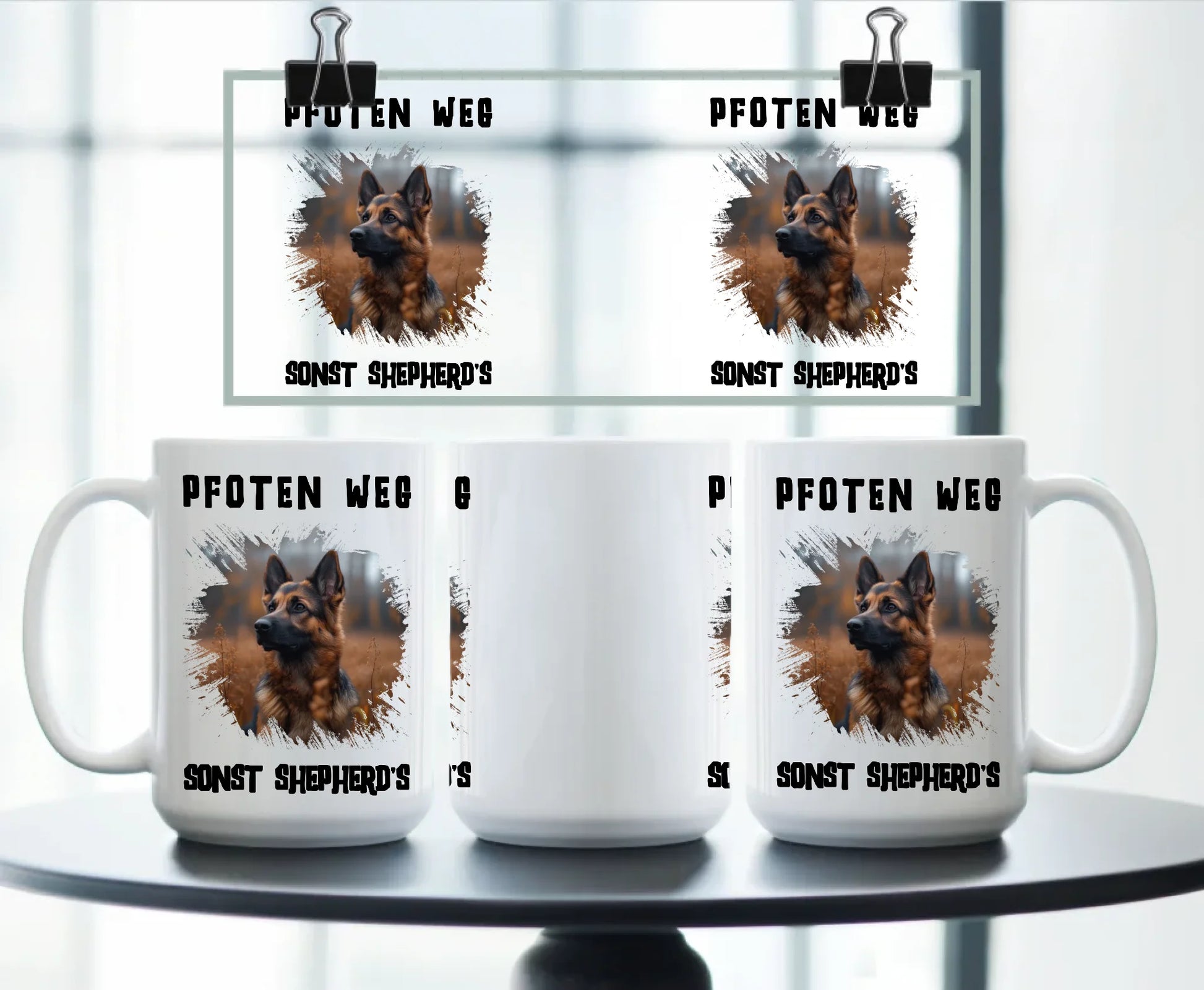 Large personalised white ceramic mug with photo of a German Shepherd, splash effect background, and the warning quote “Hands off – or the Shepherd bites!” – great gift for dog owners