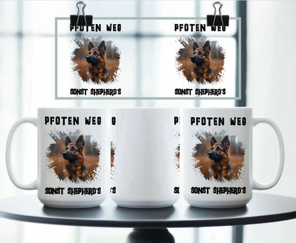 Large personalised white ceramic mug with photo of a German Shepherd, splash effect background, and the warning quote “Hands off – or the Shepherd bites!” – great gift for dog owners