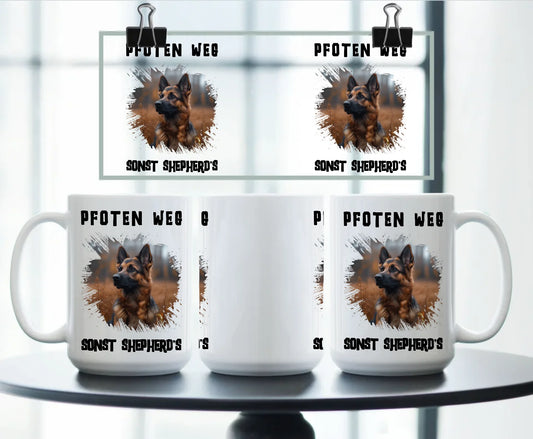 Large personalised white ceramic mug with photo of a German Shepherd, splash effect background, and the warning quote “Hands off – or the Shepherd bites!” – great gift for dog owners