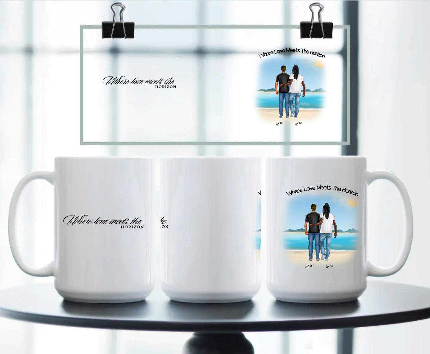 Large personalised white ceramic mug for LGBTQ+ couples, with custom beach illustration of two men, “Where love meets the horizon” quote, and personalised names – perfect gift for anniversaries or weddings