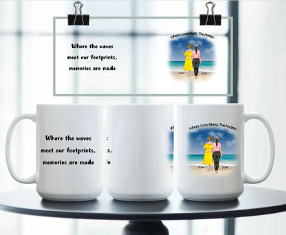 Large personalised white ceramic mug set for LGBTQ+ couples, featuring beach artwork of two women in love, “Where Love Meets The Horizon” and matching memory quote – custom names included