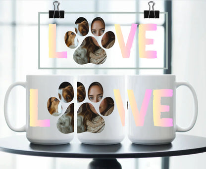 Large personalised white ceramic mug with pastel LOVE design and custom photo collage inside paw print – includes dog and owner – perfect pet lover gift