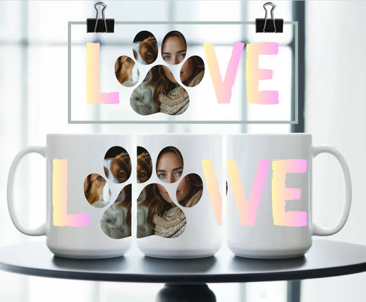 Large personalised white ceramic mug with pastel LOVE design and custom photo collage inside paw print – includes dog and owner – perfect pet lover gift