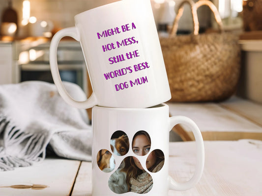 Large personalised white ceramic mug with “Might be a hot mess, still the world’s best dog mum” quote and paw-shaped photo collage – custom gift with dog and owner photo