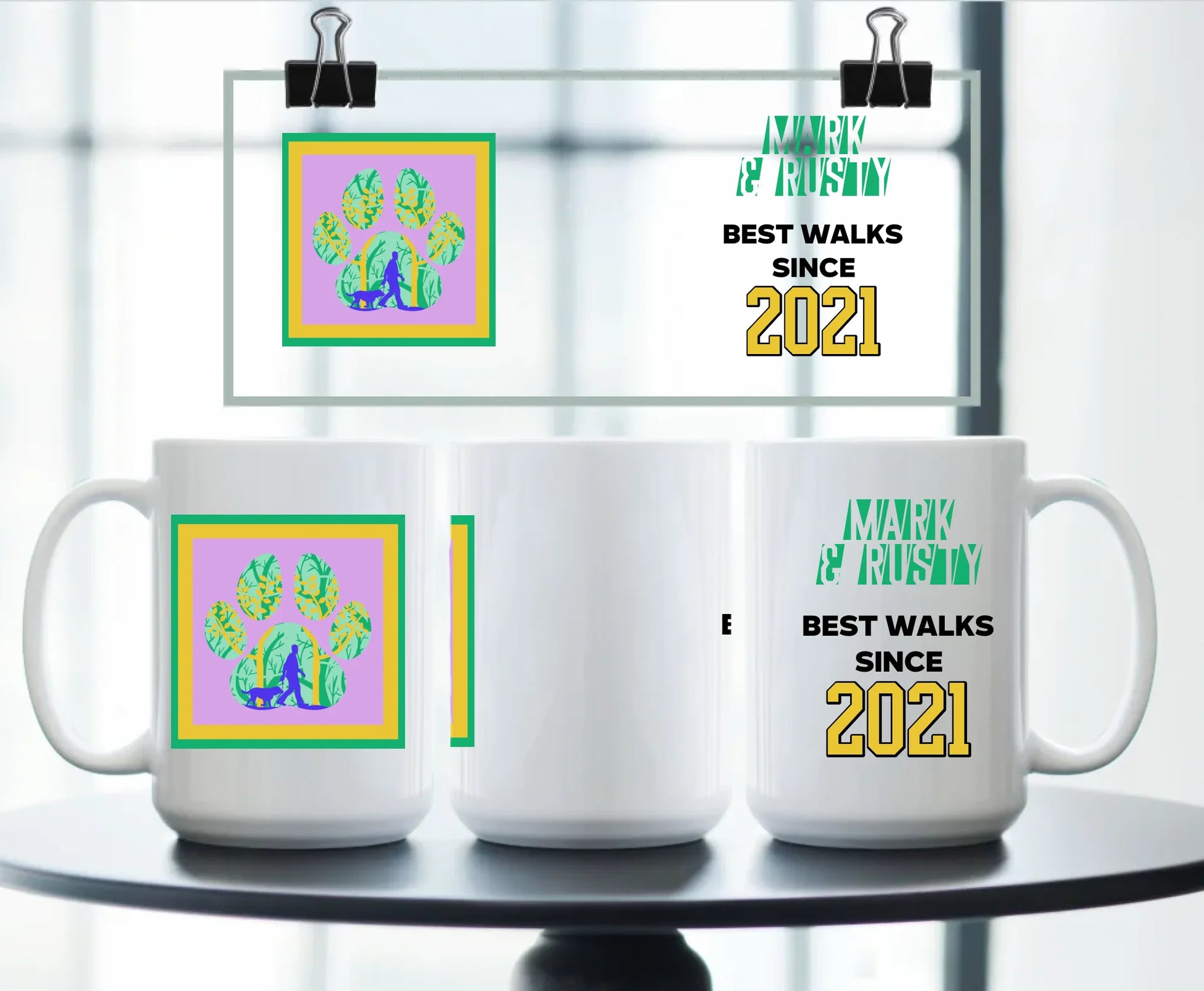 Large personalised white mug with colourful paw print artwork, dog walking scene, custom names, and “Best walks since 2021” quote – great gift for dog lovers