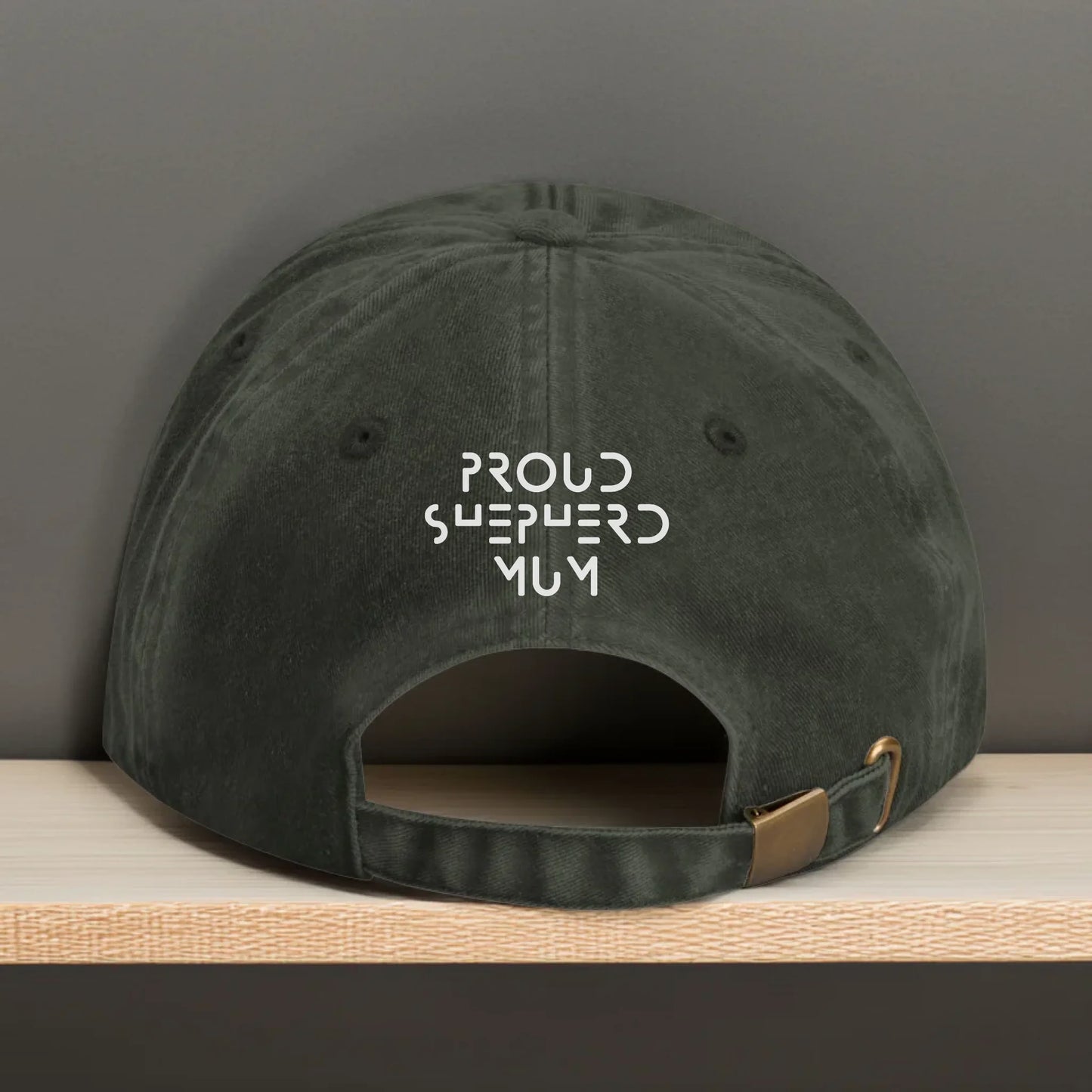 Personalised olive green cap with adjustable fit and white embroidered text on the back. Great for adding a dog’s name, funny quote, or special date — ideal for pet parents who love subtle style.
