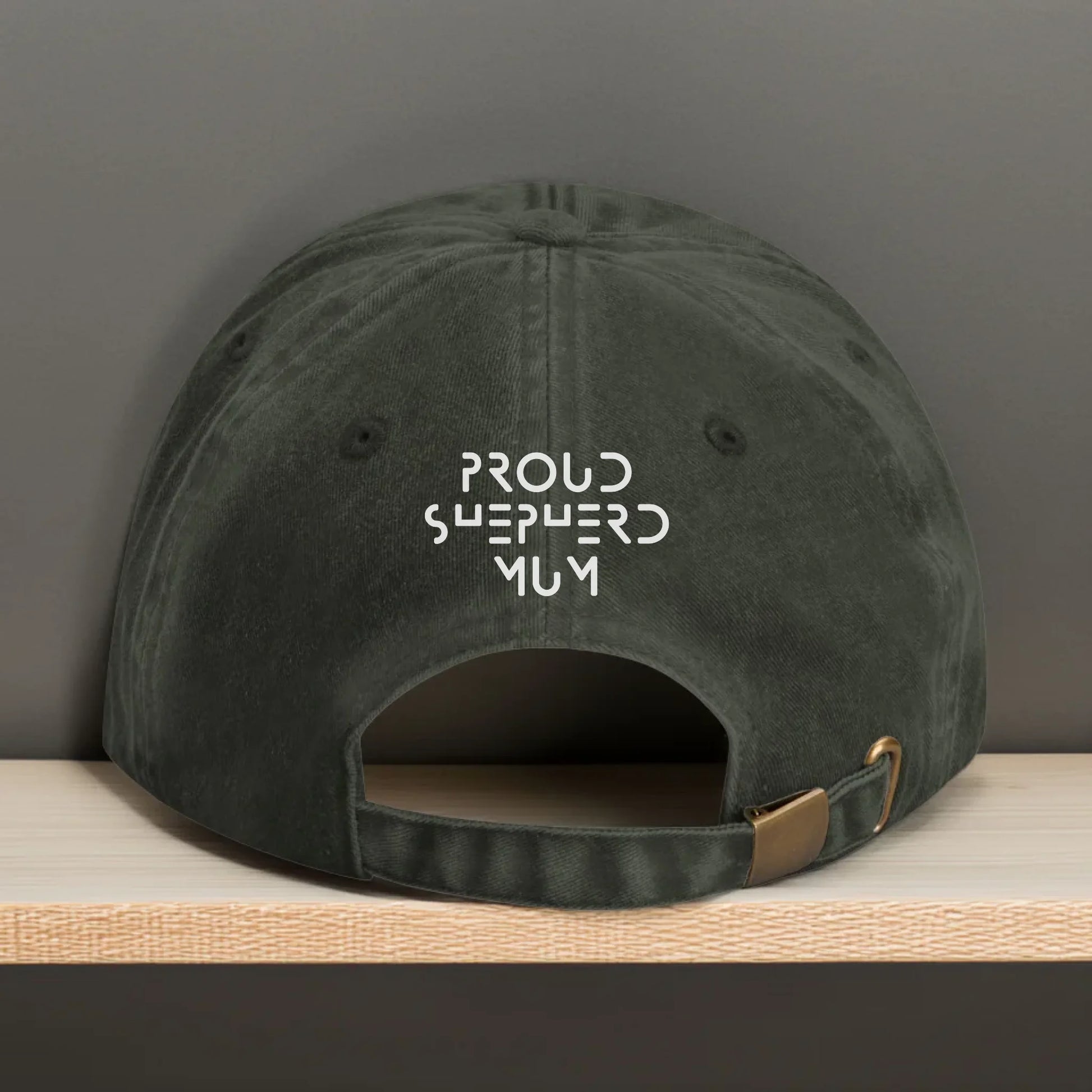 Personalised olive green cap with adjustable fit and white embroidered text on the back. Great for adding a dog’s name, funny quote, or special date — ideal for pet parents who love subtle style.