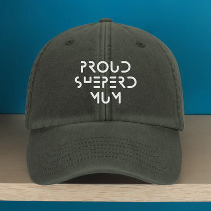 Olive green vintage-style personalised cap with white embroidery on the front. Custom text makes it the perfect gift for dog mums, dads, or any pet lover wanting a unique and earthy look.