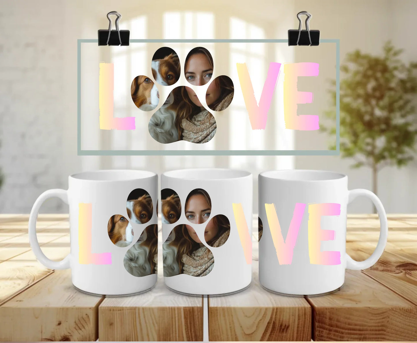 Personalised white ceramic mug set with pastel LOVE text and paw print photo collage – featuring custom photos of a dog and woman inside the paw – unique gift for pet lovers