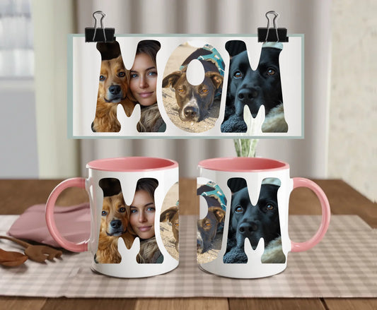 Personalised white ceramic mug with pink handle and interior, featuring MOM text filled with three custom photos – perfect gift for dog mum or pet lover