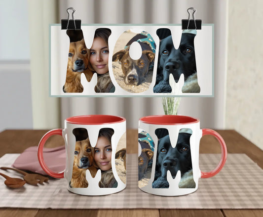 Personalised white ceramic mug with red handle and interior, featuring MOM text filled with three custom photos – perfect gift for dog mum or pet lover