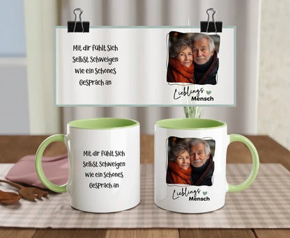 Personalised ceramic mug with green handle and interior, Soul Mate text, heart, and elderly couple photo – custom gift for partner or grandparent