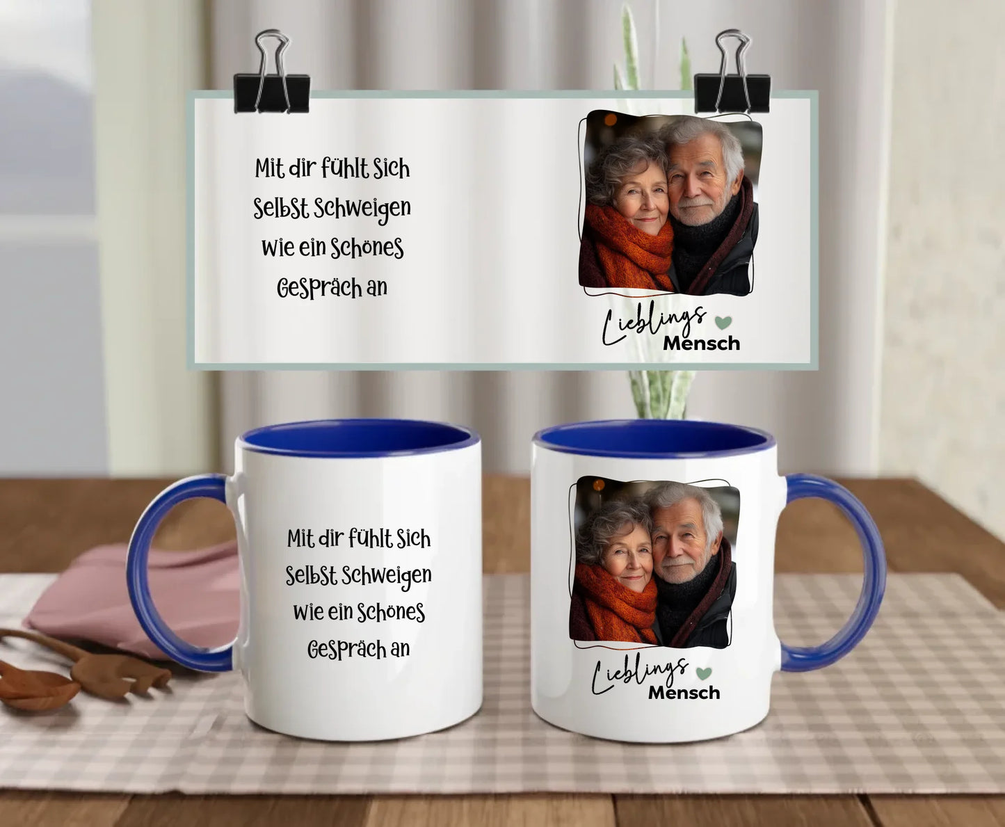 Personalised ceramic mug with navy handle and interior, Soul Mate text, heart, and elderly couple photo – custom gift for partner or grandparent