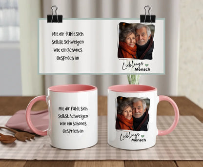 Personalised ceramic mug with pink handle and interior, Soul Mate text, heart, and elderly couple photo – custom gift for partner or grandparent