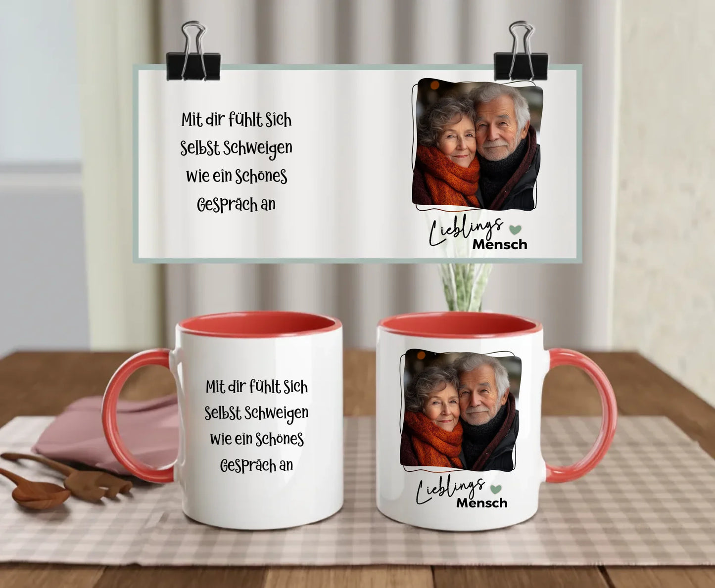 Personalised ceramic mug with red handle and interior, Soul Mate text, heart, and elderly couple photo – custom gift for partner or grandparent