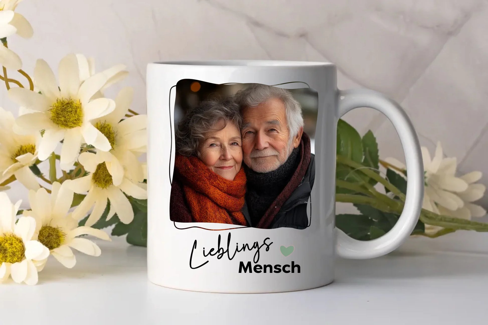 Personalised white ceramic mug with Soul Mate text, heart, and elderly couple photo – custom gift for partner or grandparent