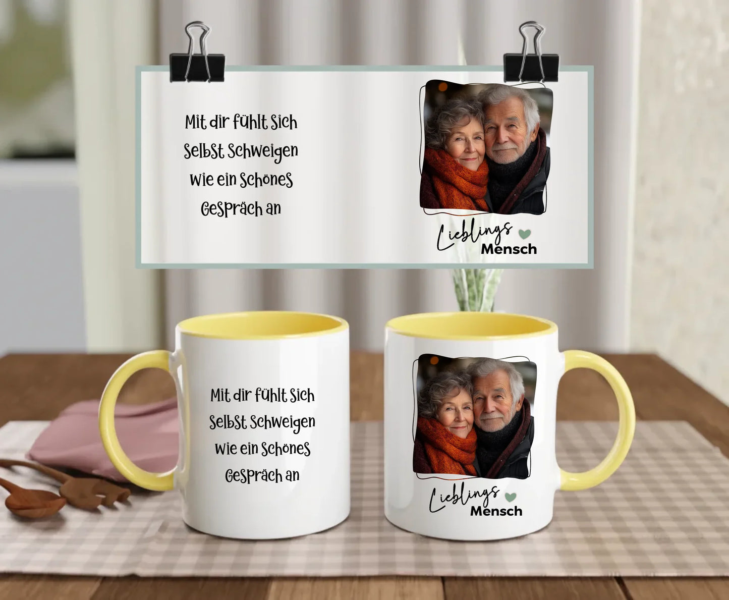 Personalised ceramic mug with yellow handle and interior, Soul Mate text, heart, and elderly couple photo – custom gift for partner or grandparent