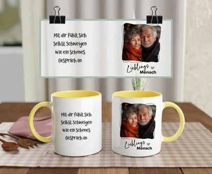 Personalised ceramic mug with yellow handle and interior, Soul Mate text, heart, and elderly couple photo – custom gift for partner or grandparent