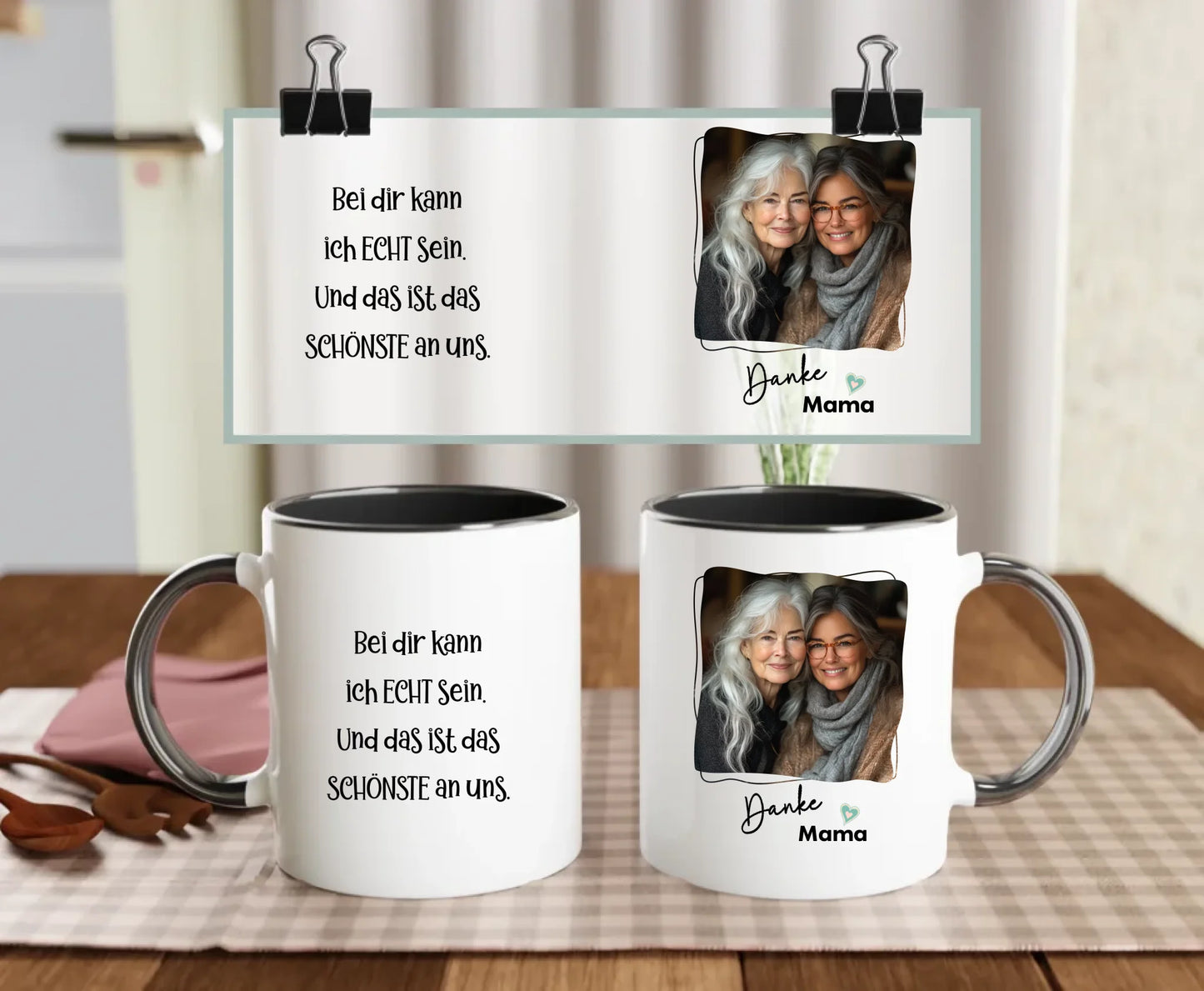 Personalised ceramic mug with black handle and interior, Thank You Mama text, heartfelt German quote, and mother-daughter photo – gift for mum