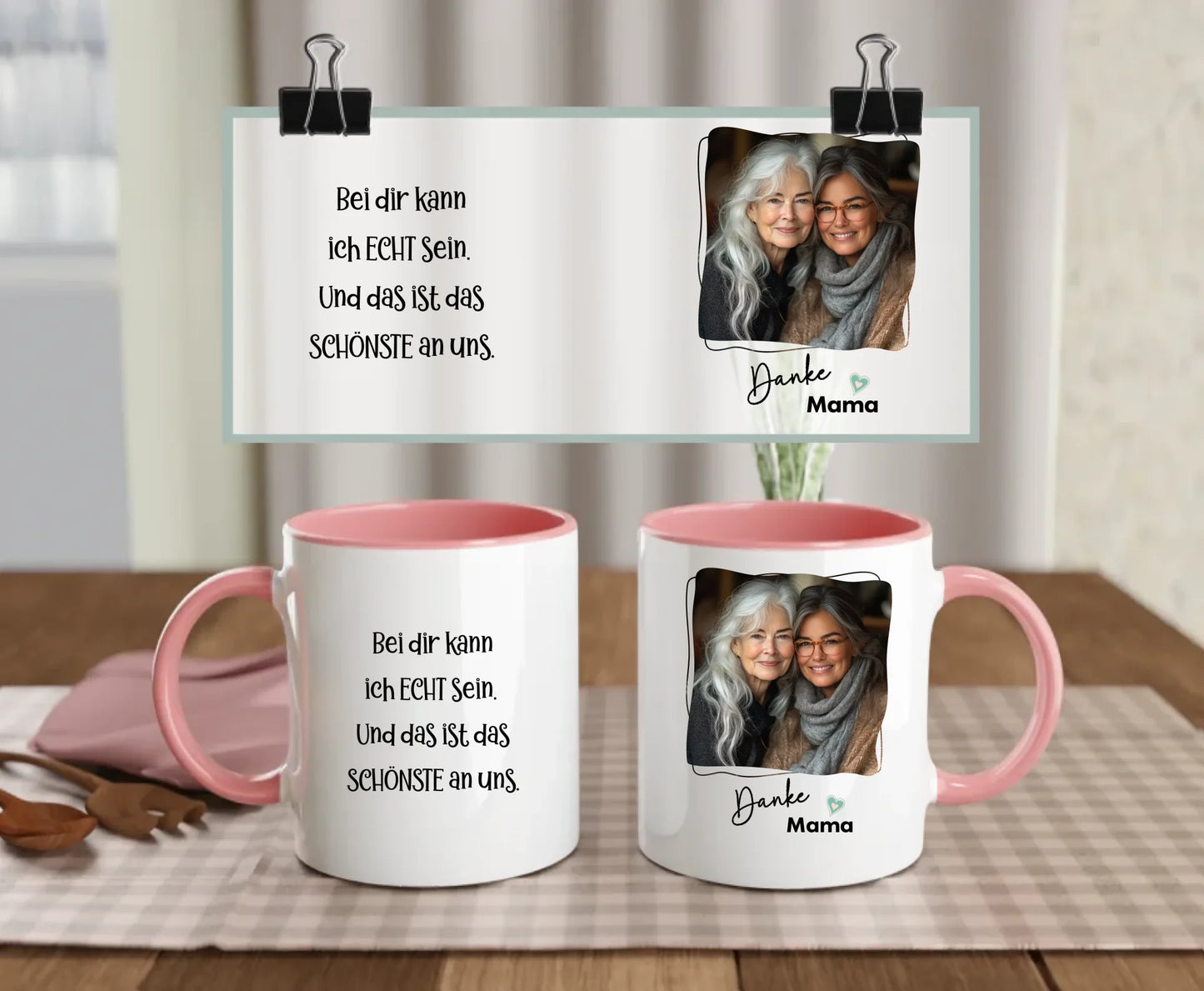 Personalised ceramic mug with pink handle and interior, Thank You Mama text, heartfelt German quote, and mother-daughter photo – gift for mum