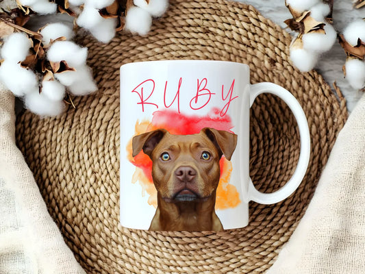 Personalised white ceramic dog mug with photo of brown dog and name in red – custom pet lover gift