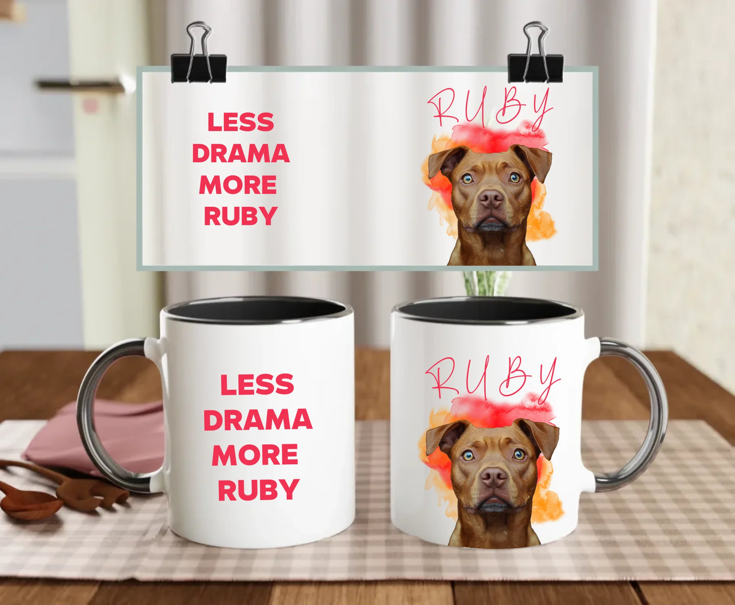 Personalised white ceramic dog mug set with black handle and interior featuring “Less drama more Ruby” text and brown dog photo – custom pet gift