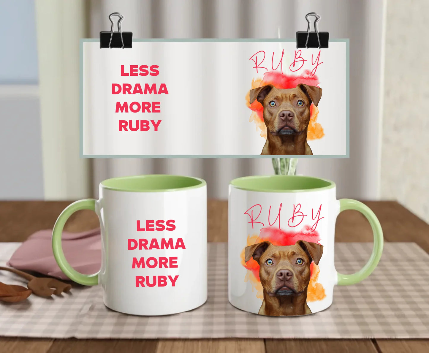 Personalised white ceramic dog mug set with green handle and interior featuring “Less drama more Ruby” text and brown dog photo – custom pet gift