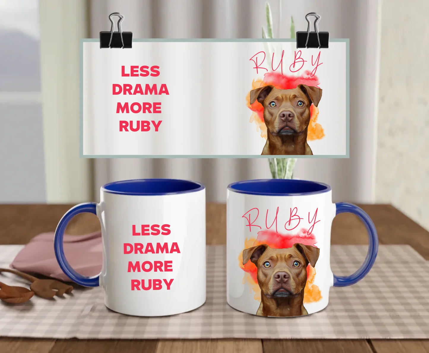Personalised white ceramic dog mug set with navy handle and interior featuring “Less drama more Ruby” text and brown dog photo – custom pet gift