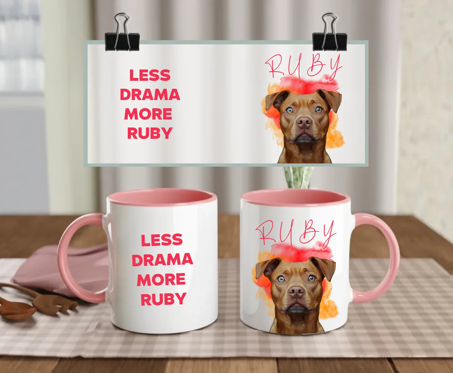 Personalised white ceramic dog mug set with pink handle and interior featuring “Less drama more Ruby” text and brown dog photo – custom pet gift