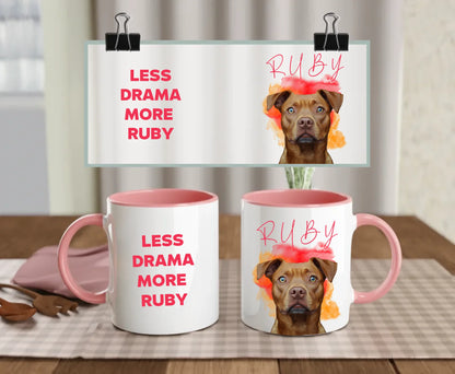 Personalised white ceramic dog mug set with pink handle and interior featuring “Less drama more Ruby” text and brown dog photo – custom pet gift