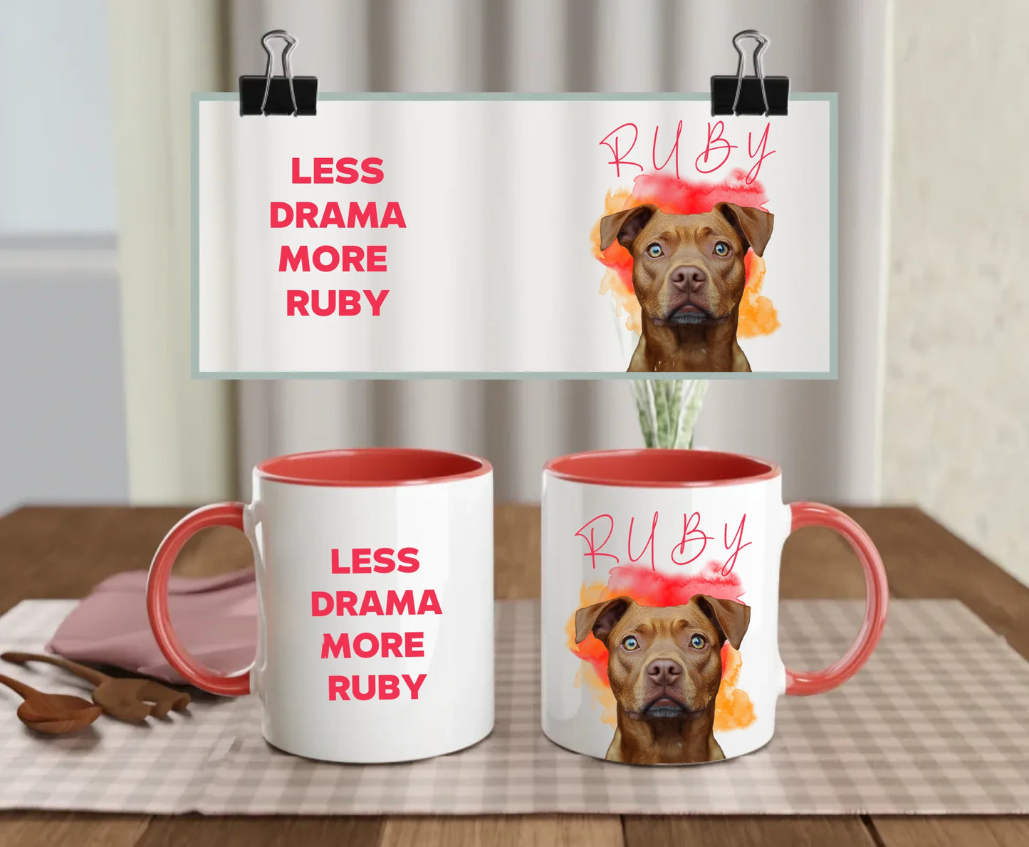 Personalised white ceramic dog mug set with red handle and interior featuring “Less drama more Ruby” text and brown dog photo – custom pet gift