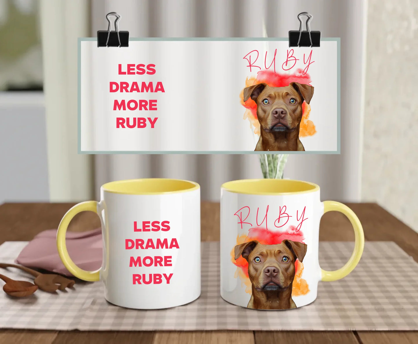 Personalised white ceramic dog mug set with yellow handle and interior featuring “Less drama more Ruby” text and brown dog photo – custom pet gift