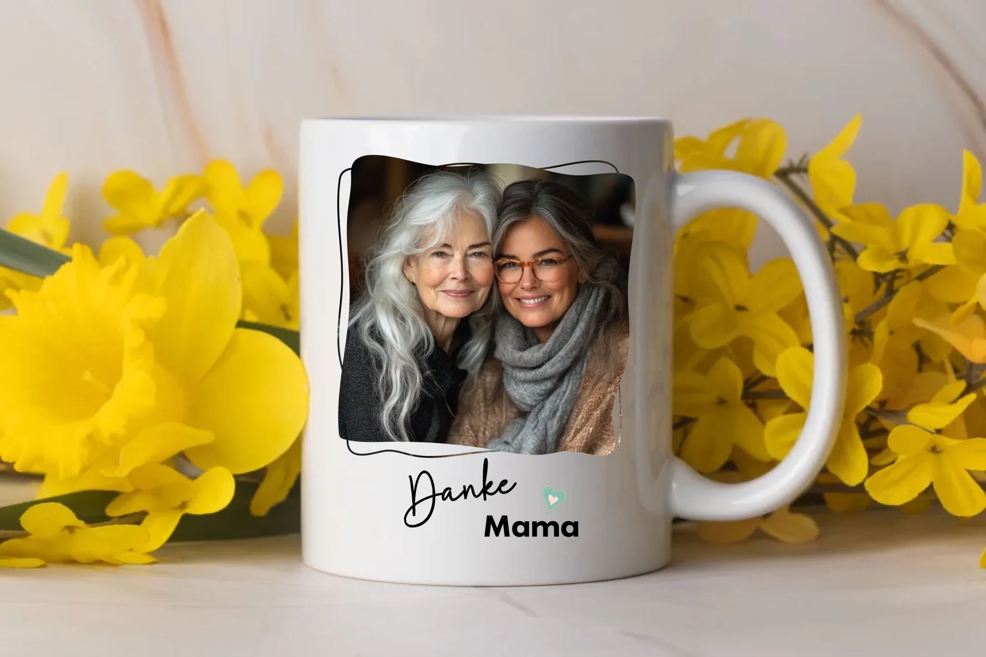 Personalised white ceramic mug featuring mother-daughter photo with Thank you Mama text and heart – custom Mother’s Day gift