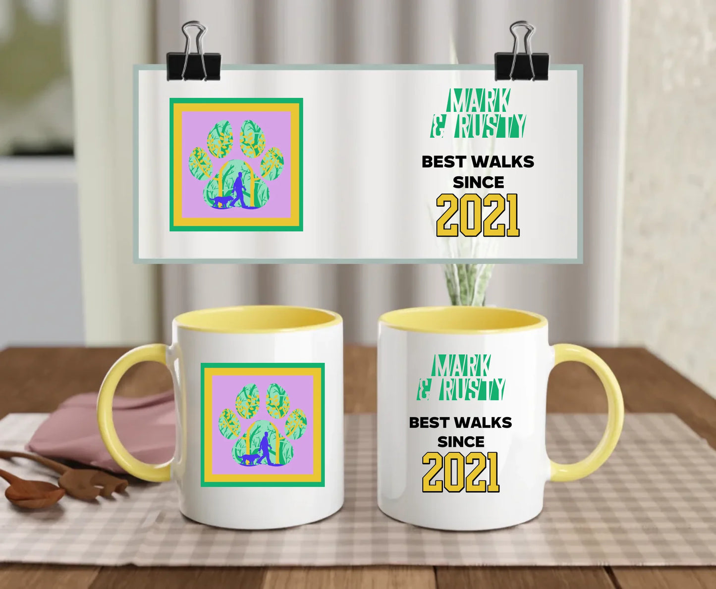 Personalised ceramic mug with yellow handle and interior, featuring custom names, a vibrant paw print with walker and dog, and “Best walks since 2021” – gift for pet lovers