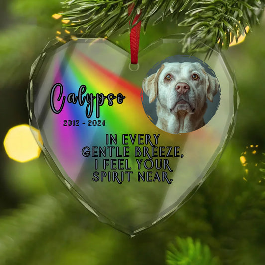 Heart-shaped glass ornament with a rainbow background, hanging on a Christmas tree. It features a photo of an older Labrador-style dog and the name "Calypso" with dates “2012–2024.” Below is the message: “In every gentle breeze, I feel your spirit near.”