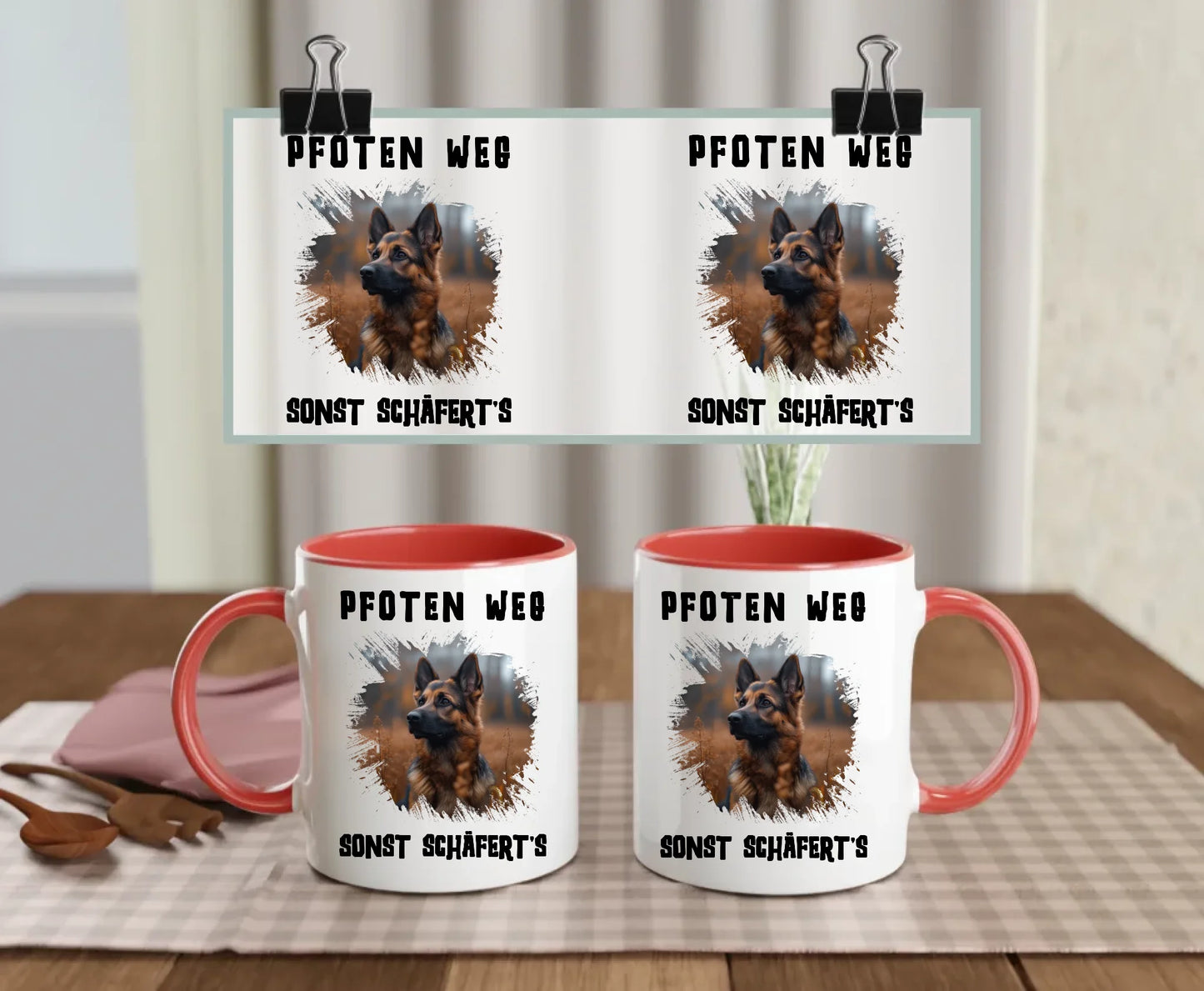 Red-handled ceramic mug with photo of a German Shepherd, splash background, and fun quote “Hands off – or the Shepherd bites!” – bold personalised gift for dog lovers
