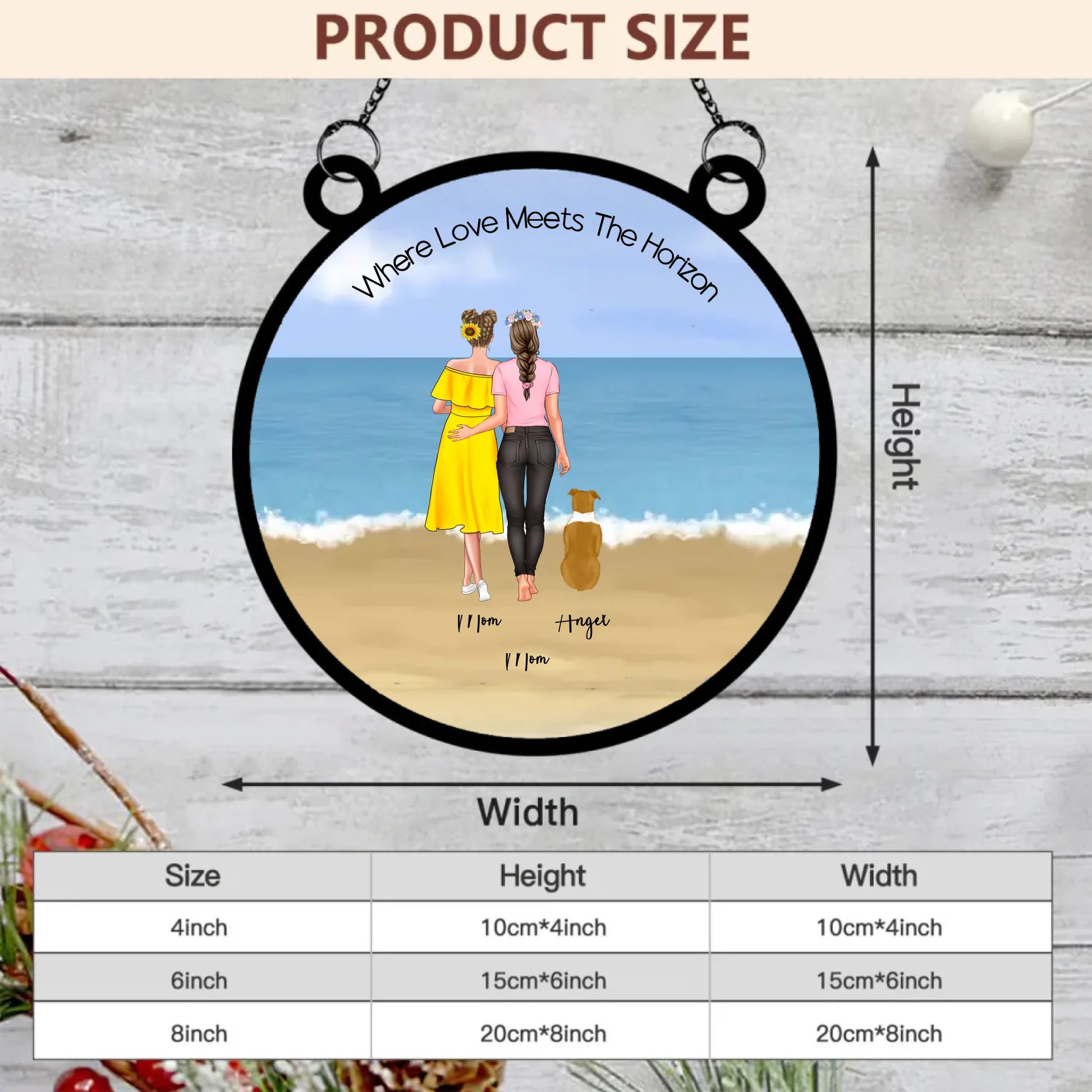 Size chart for Her & Her Edition dog family suncatcher